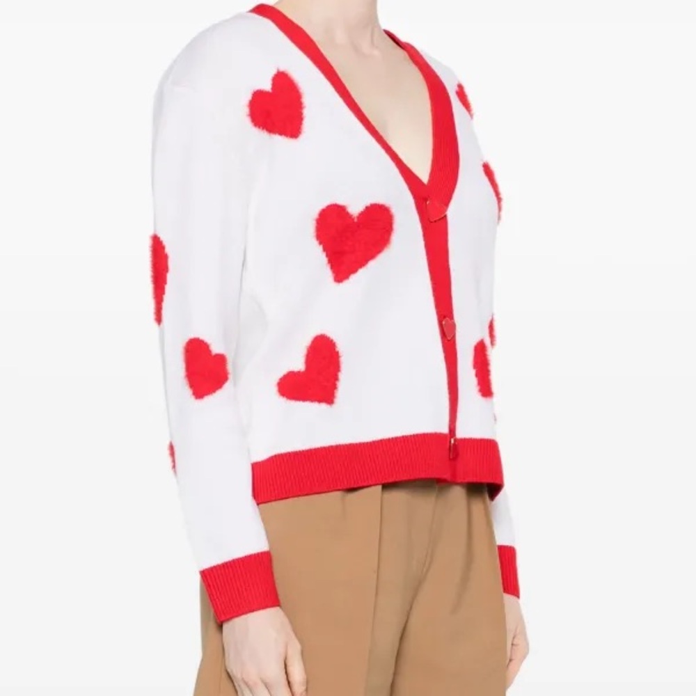 Alice + Olivia Bradley Intarsia White Red Heart VNeck Wool Blend Cardigan XS - Picture 3 of 14